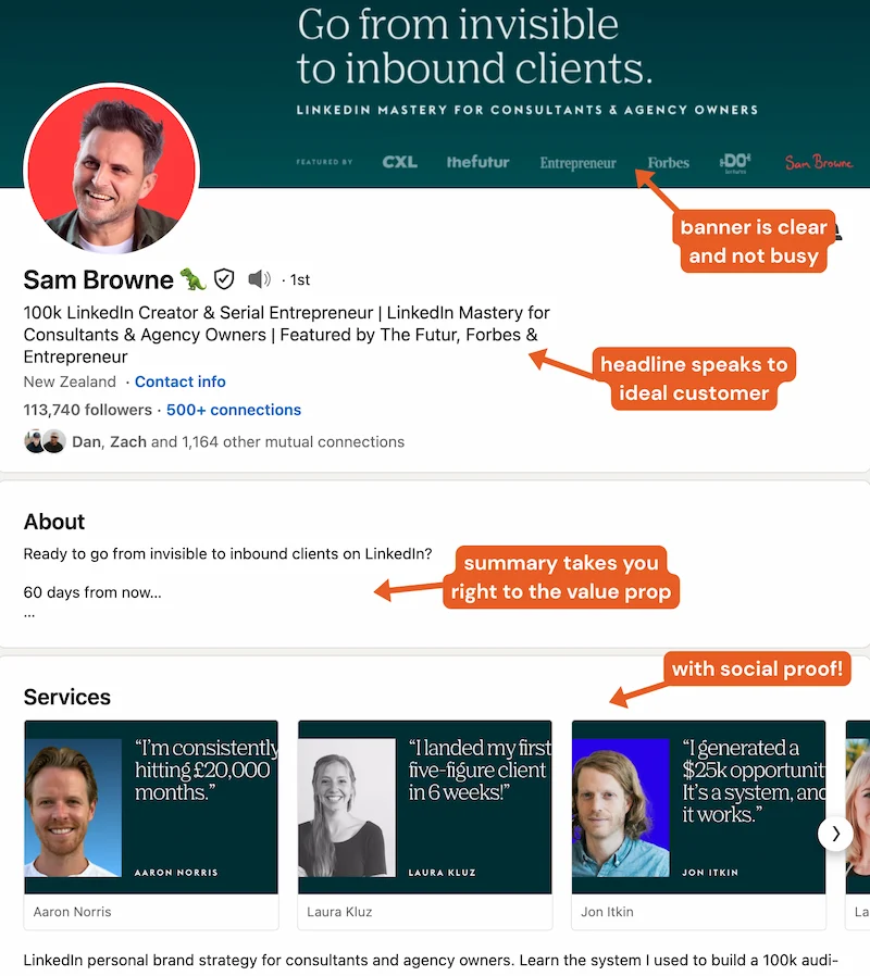 Brianna Doe's LinkedIn profile showing well-optimized banner, headline, and profile photo