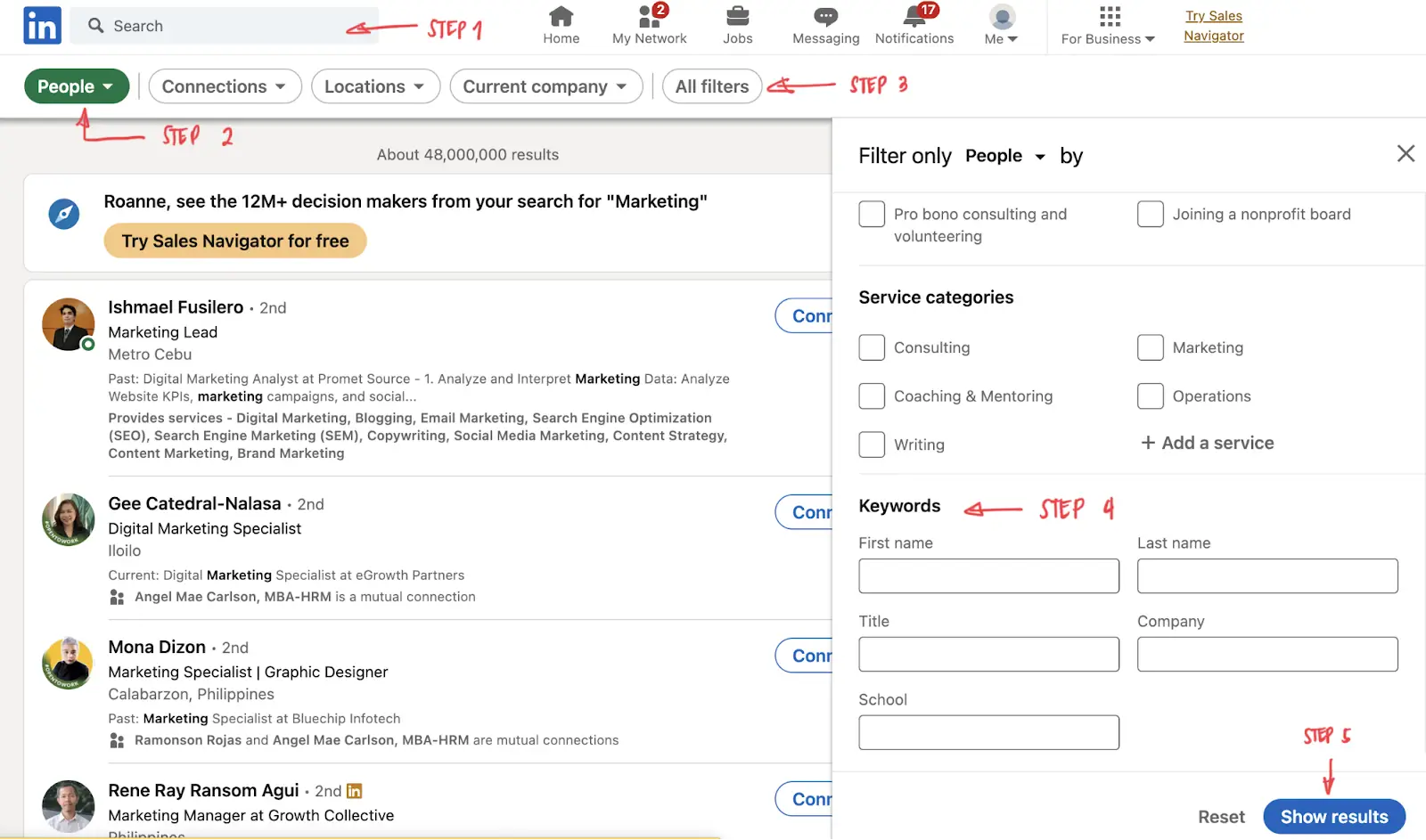 LinkedIn People search with All Filters open showing the Title keyword field