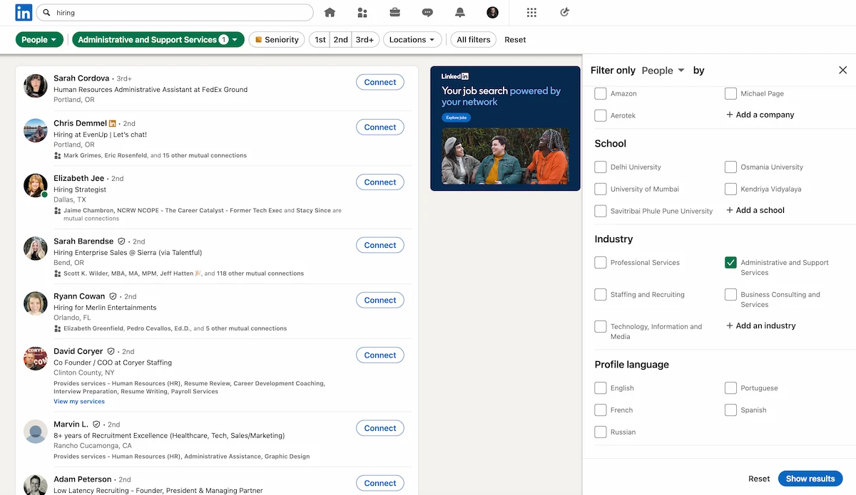 LinkedIn advanced search filters modal showing Connections, Connections of, and Locations filters