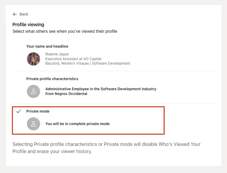 LinkedIn Profile viewing options settings showing Private mode