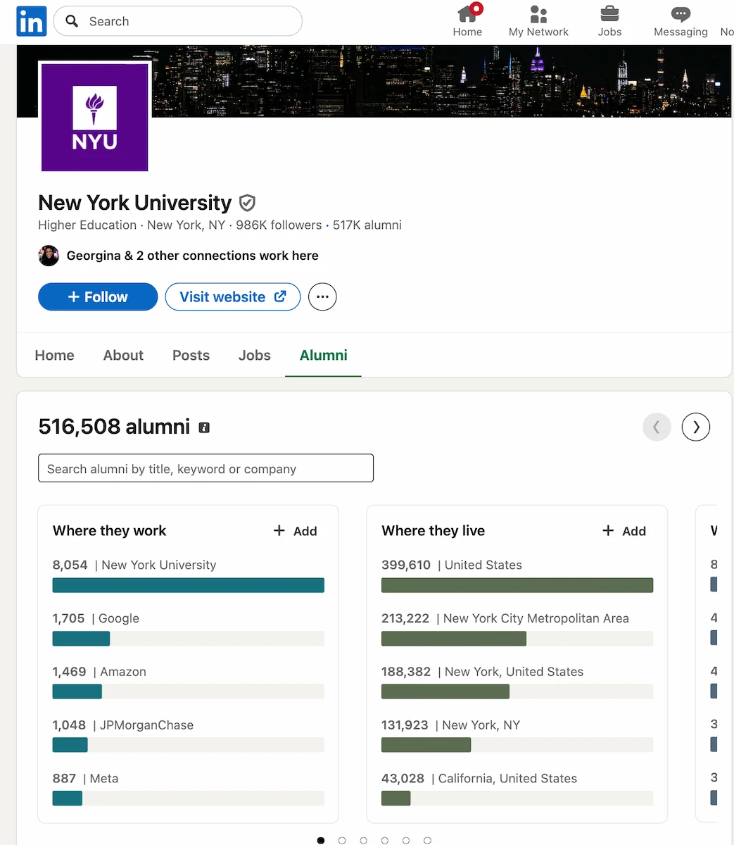 LinkedIn university alumni search tab showing 516,508 alumni with filters for where they work, where they live, and more