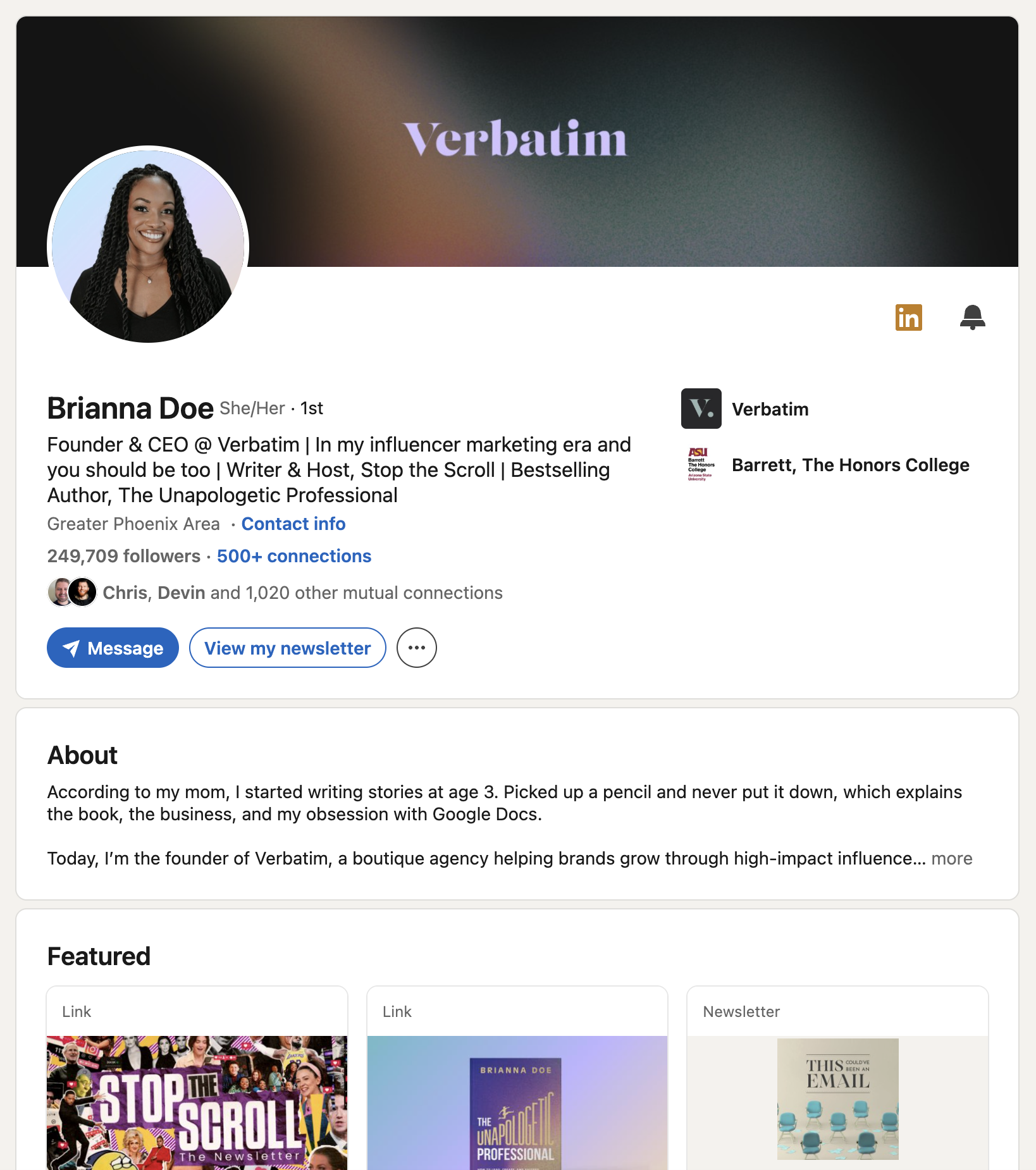 Brianna Doe's LinkedIn profile: influencer marketing personal branding example
