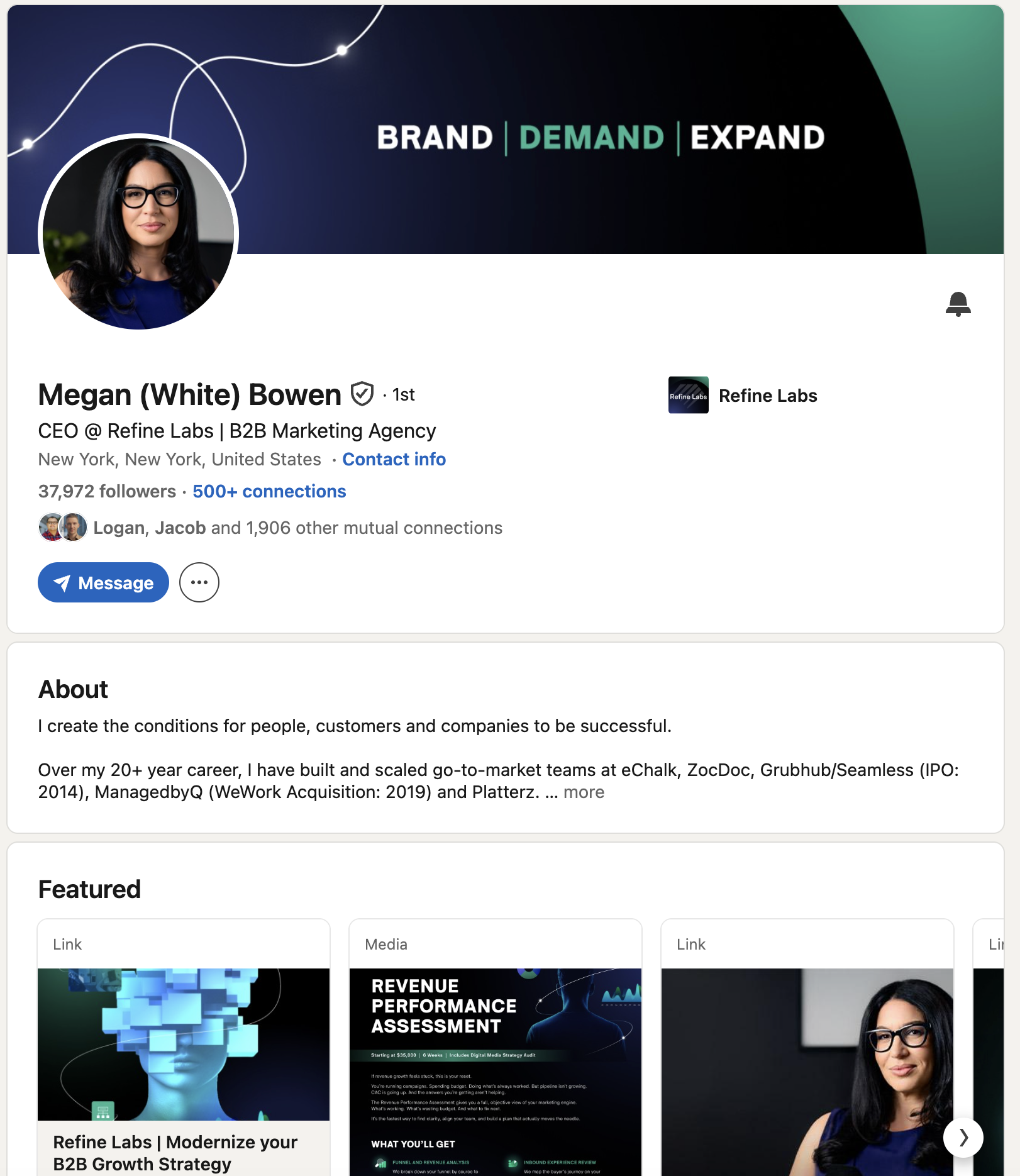 Megan Bowen's LinkedIn profile: B2B marketing personal branding example