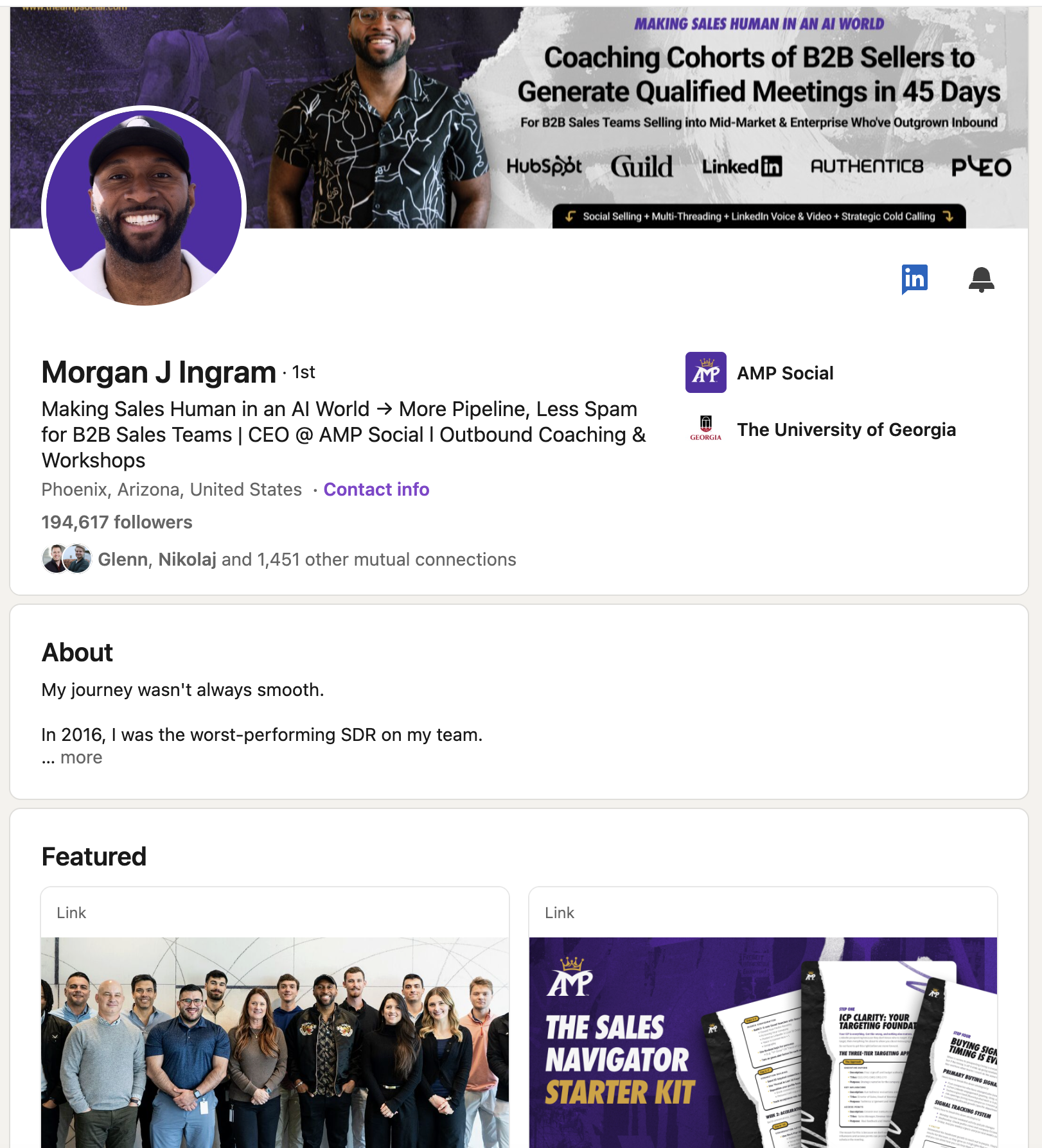 Morgan J Ingram's LinkedIn profile: social selling personal branding example