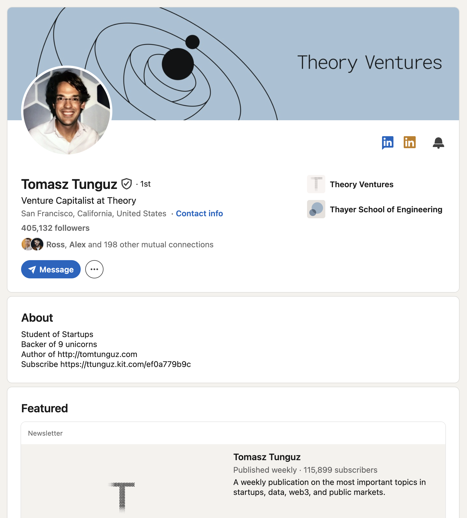 Tomasz Tunguz's LinkedIn profile: venture capital personal branding example