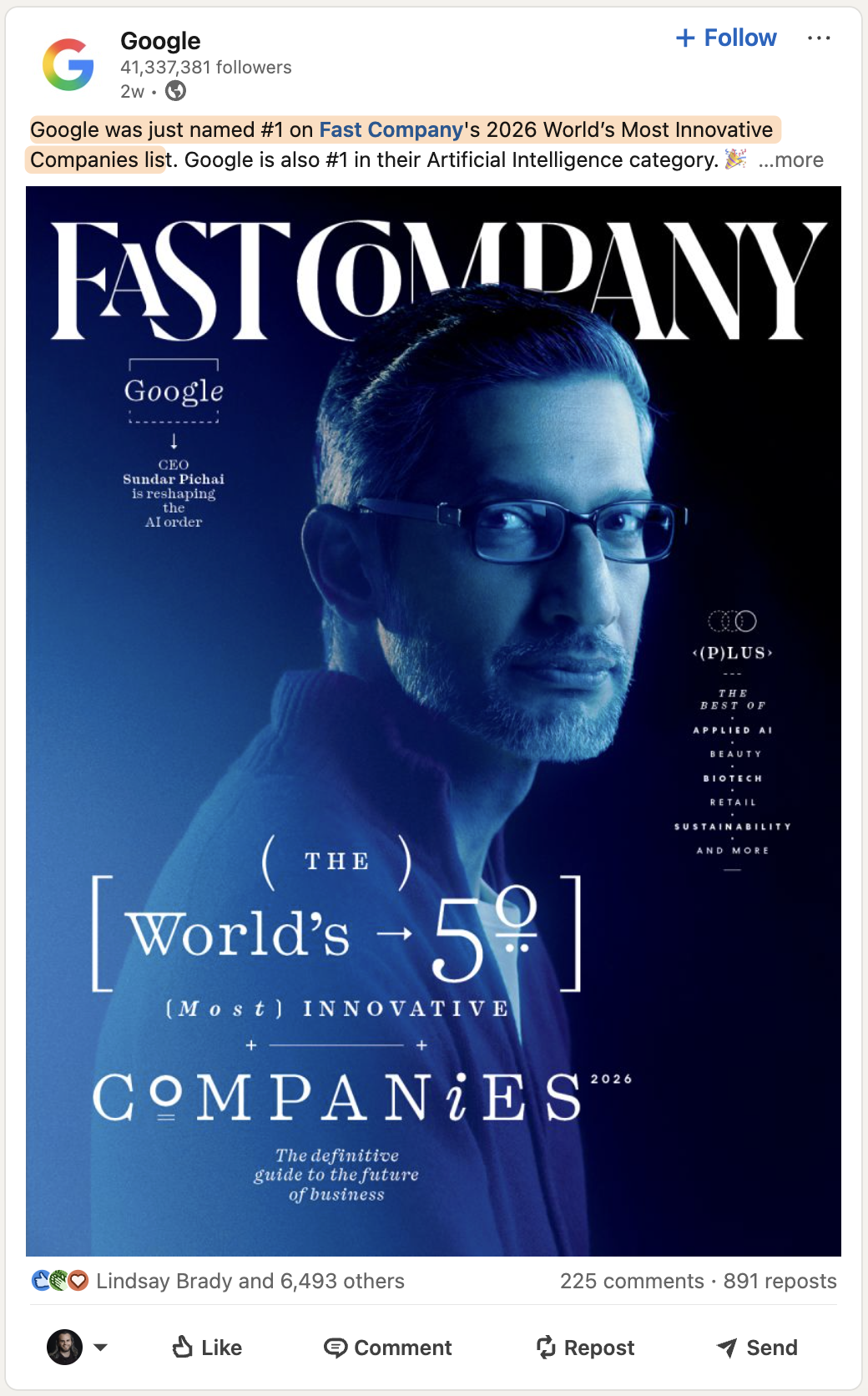 LinkedIn post celebrating a company achievement