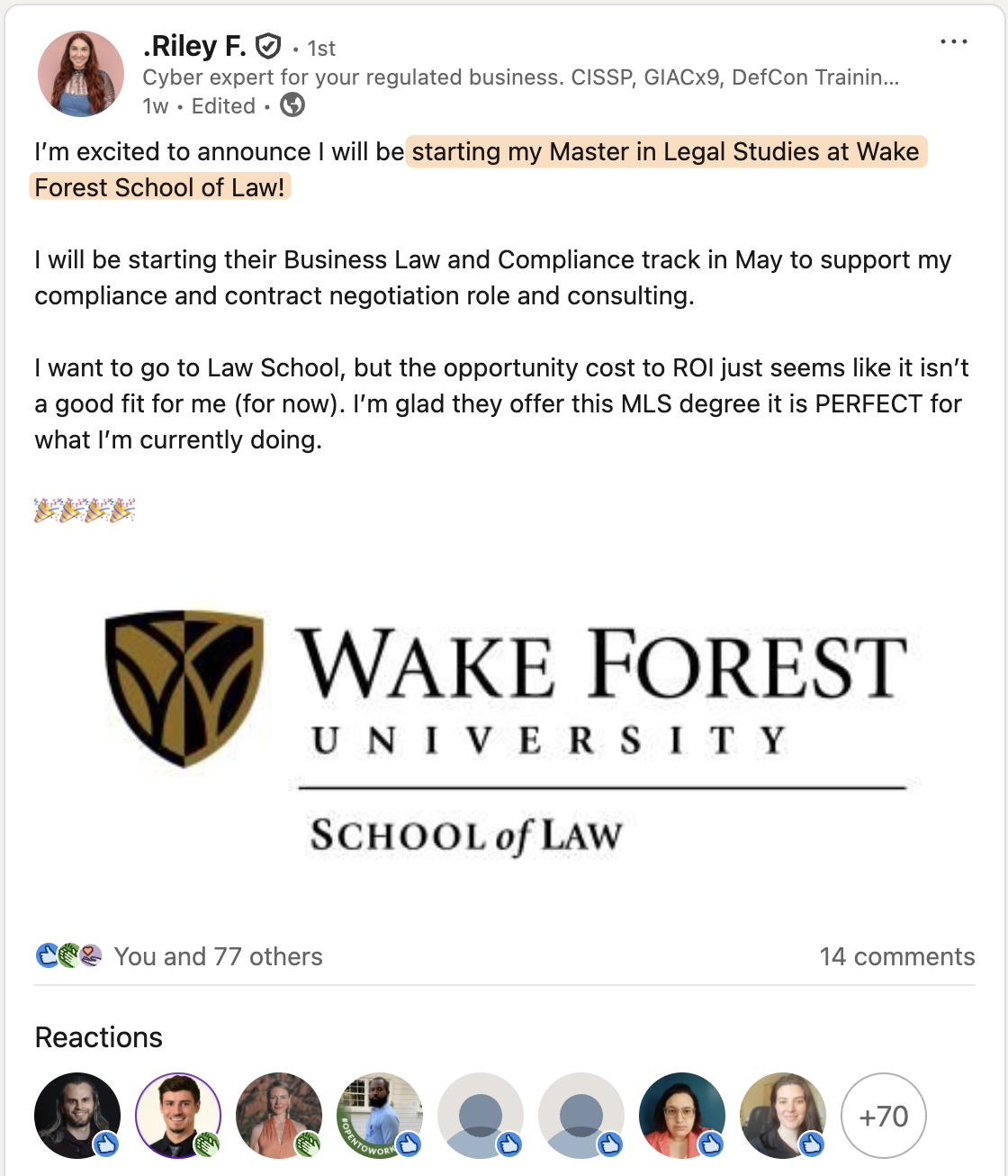 LinkedIn professional accomplishment post example