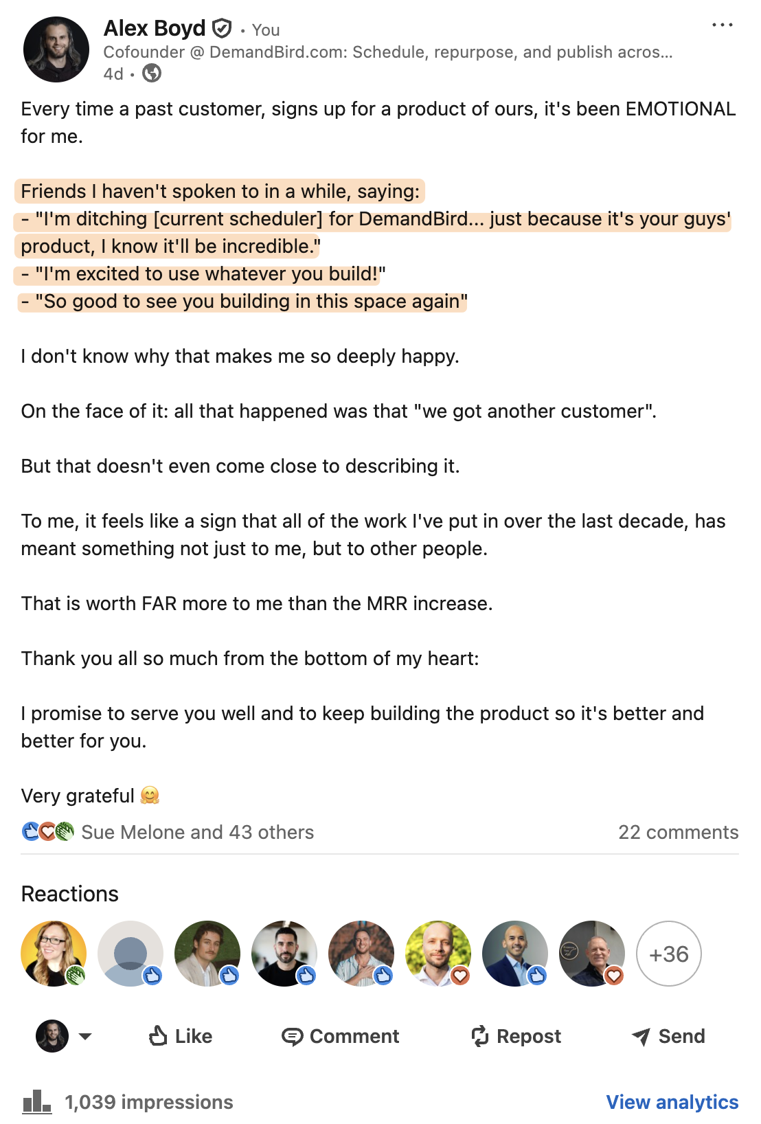 LinkedIn post sharing customer reviews and feedback