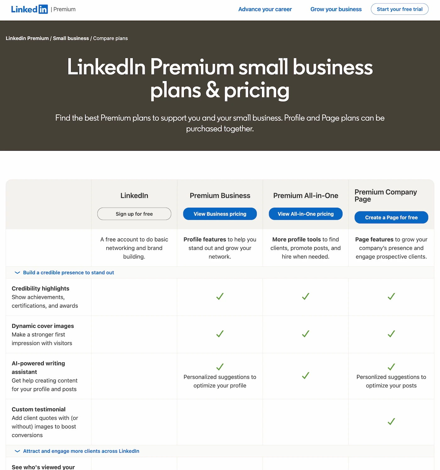 The LinkedIn Premium plan selector showing Career and Business options