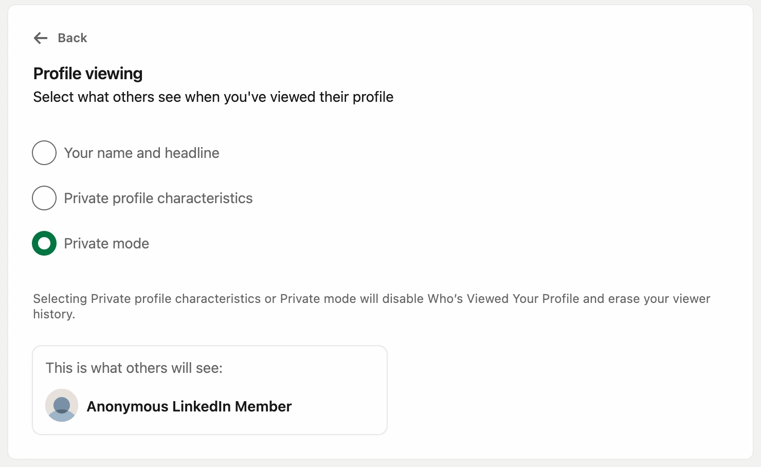 LinkedIn profile viewing options showing Private mode selected and Anonymous LinkedIn Member preview