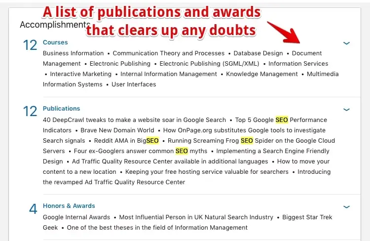 A list of Fili's accomplishments: a good LinkedIn profile example