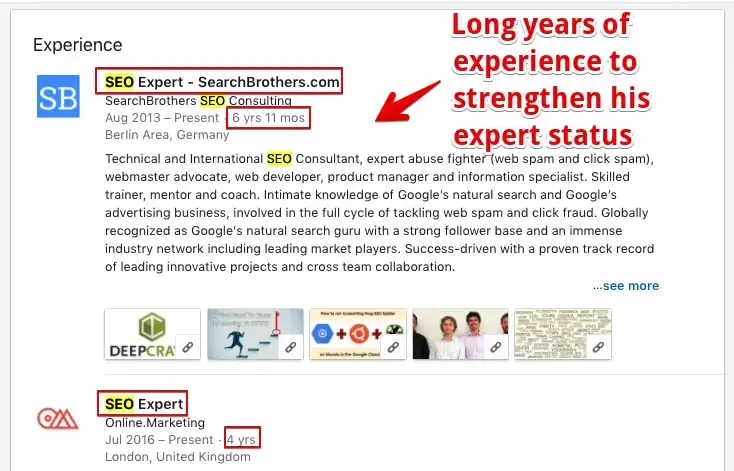 LinkedIn profile example of his experience section with many references