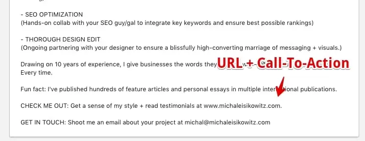 Second part of her About section with a good call to action