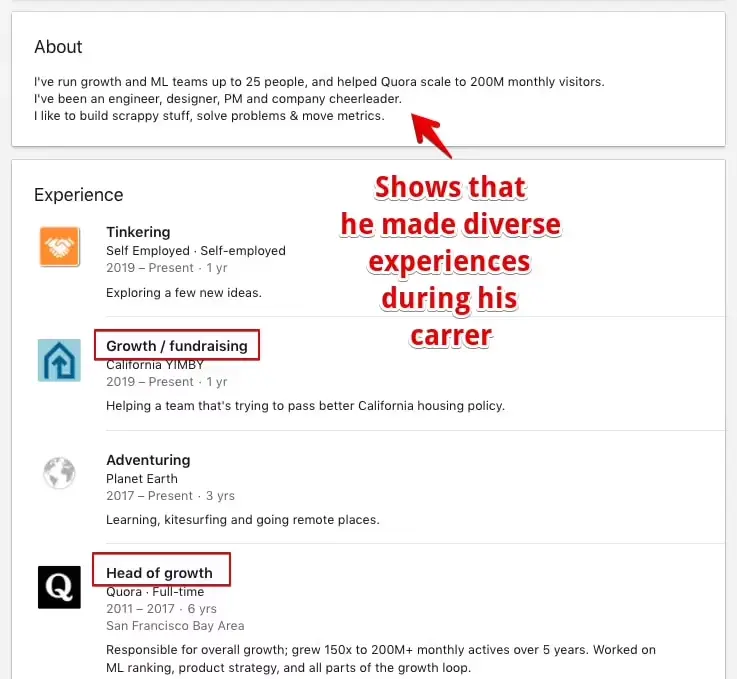 Robert's About section is a good LinkedIn generalist example