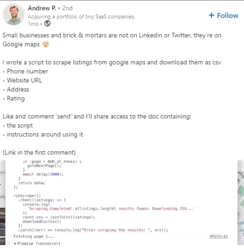LinkedIn profile example of a value-dropping founder post