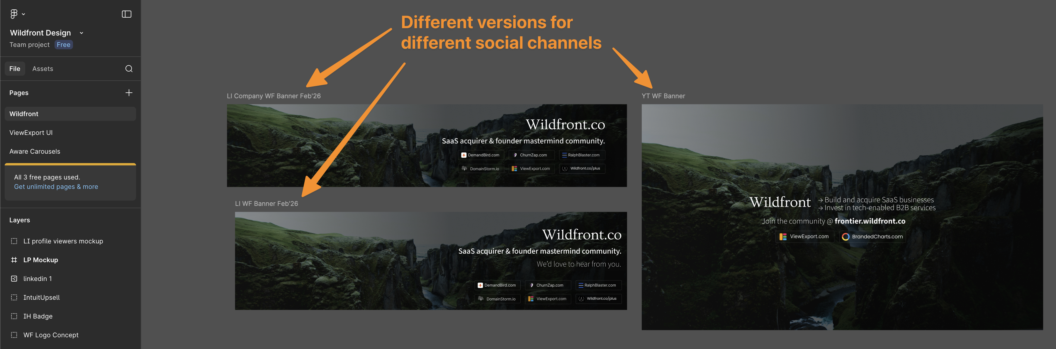 Figma workspace showing LinkedIn and YouTube banner versions for Wildfront.co, designed with consistent branding across both formats