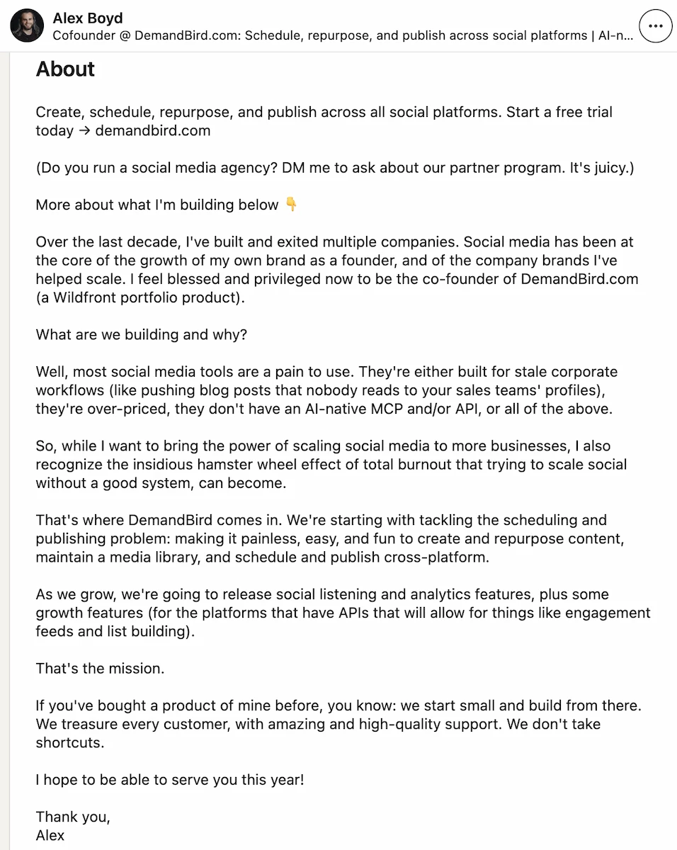 LinkedIn profile About section example with an engaging, informative summary