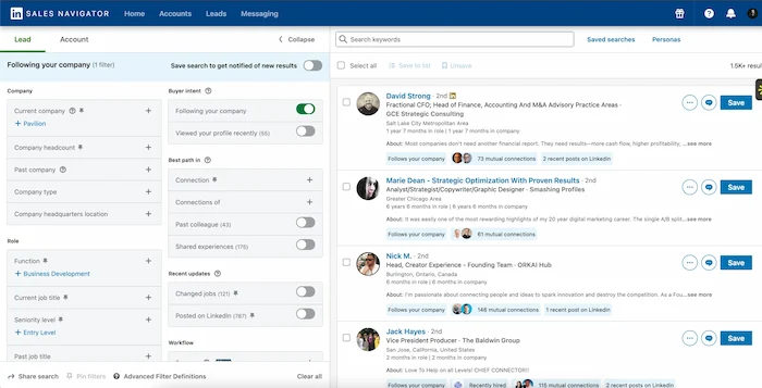 LinkedIn Sales Navigator's advanced search filters for finding relevant professionals