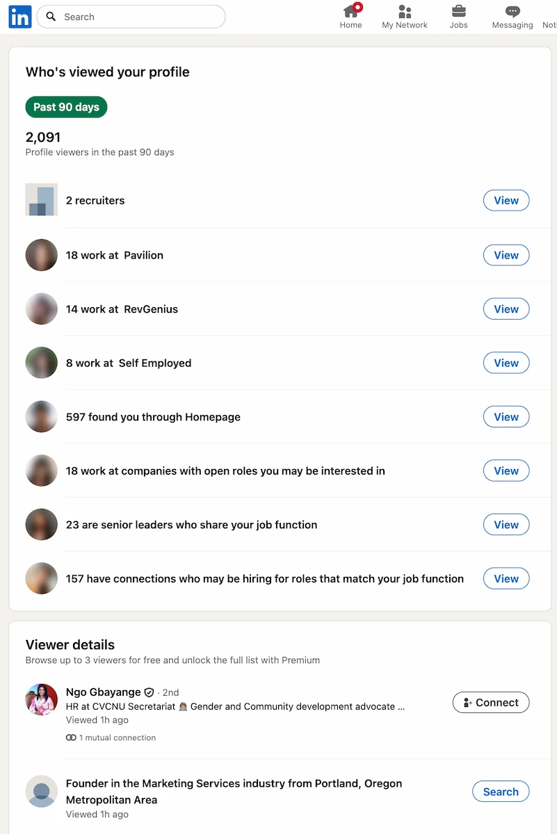 LinkedIn profile stats dashboard showing profile views