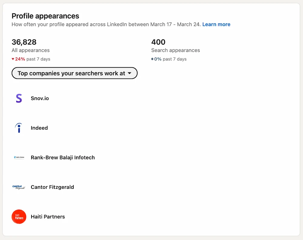 LinkedIn search appearances: companies where searchers work