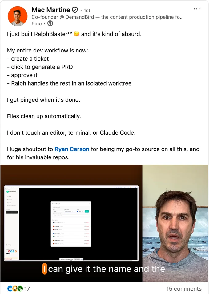 Mac Martine's same post on LinkedIn reaching only 17 reactions