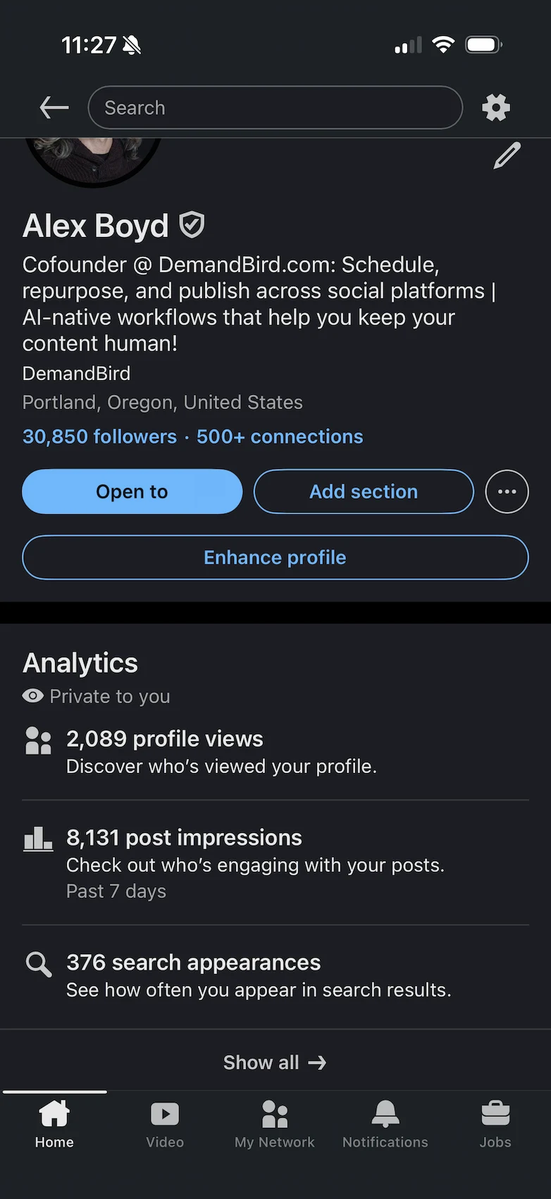 Finding your posts on LinkedIn mobile app via the profile analytics screen