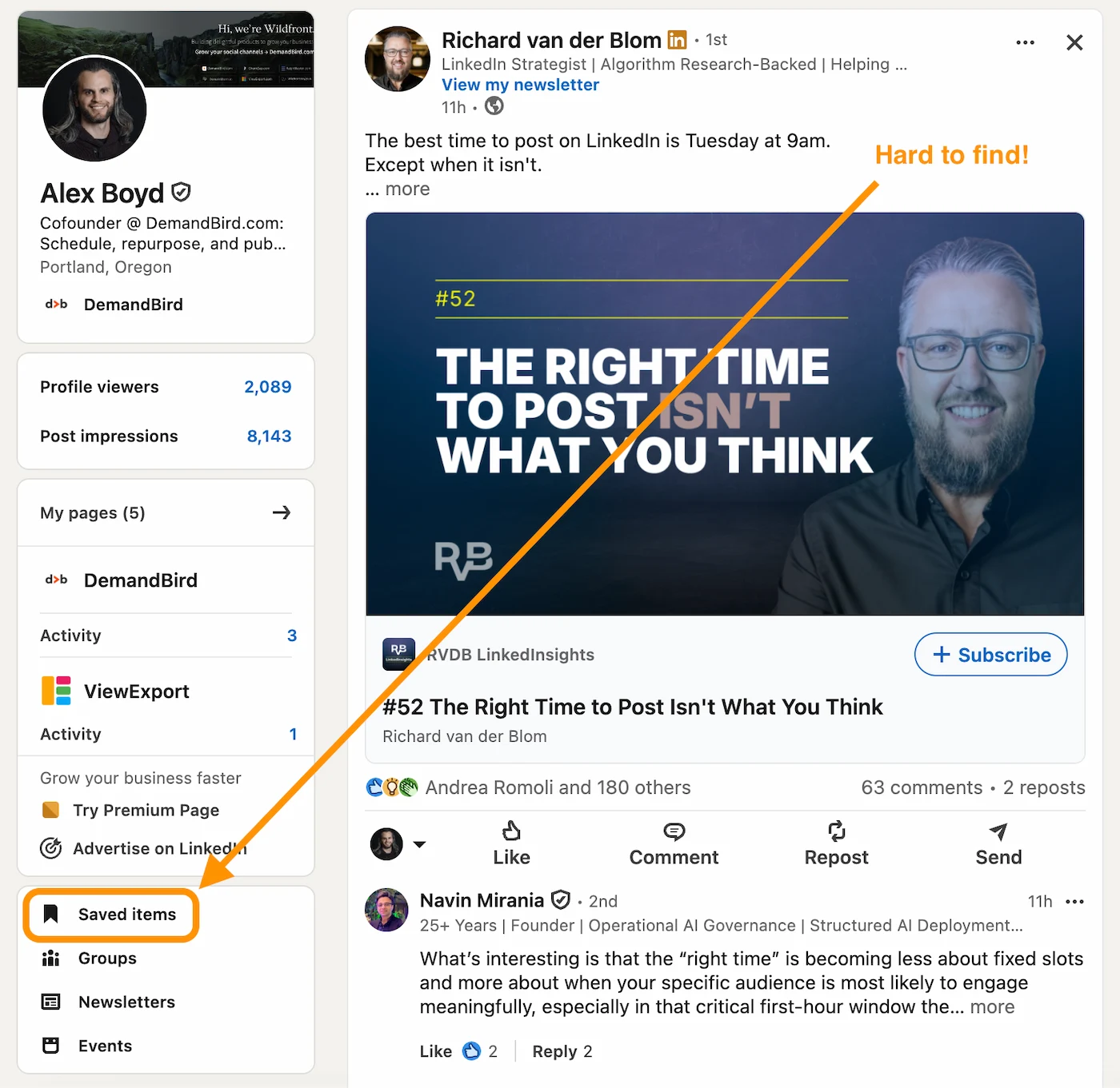 Finding saved items on LinkedIn desktop via the left feed sidebar