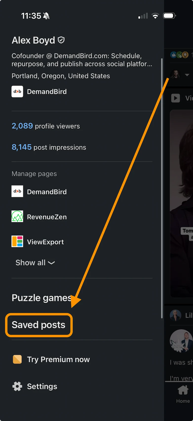Finding saved items on LinkedIn mobile by tapping the profile picture to open the left sidebar
