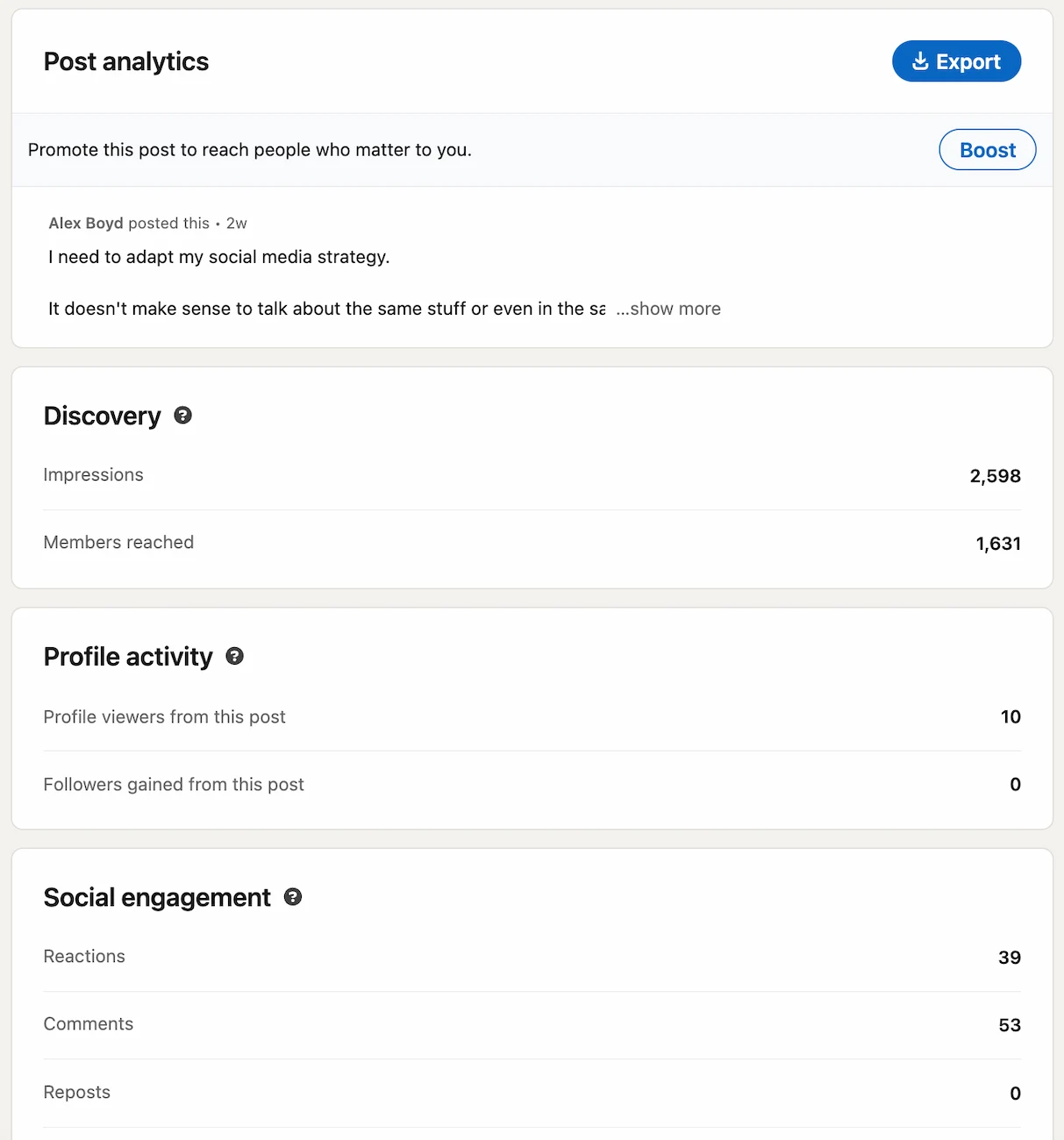 LinkedIn individual post analytics showing impressions, members reached, video views, and watch time