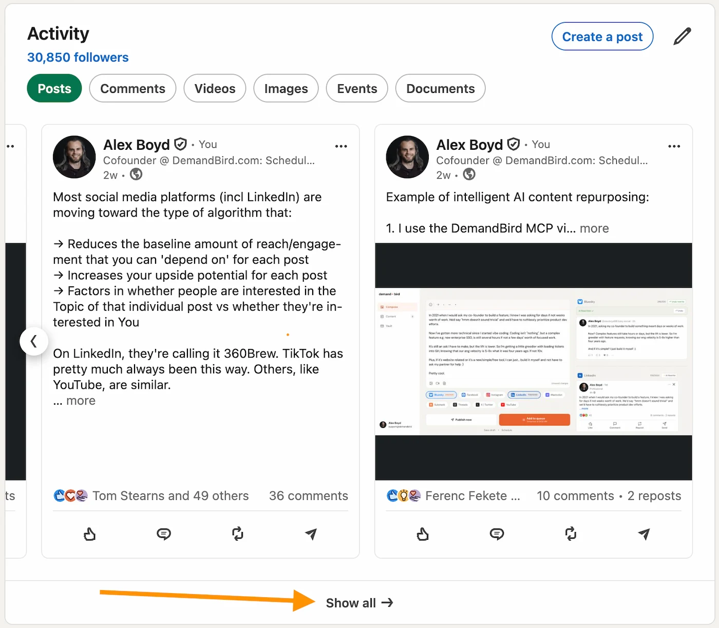 The LinkedIn Profile Activity section showing post activity