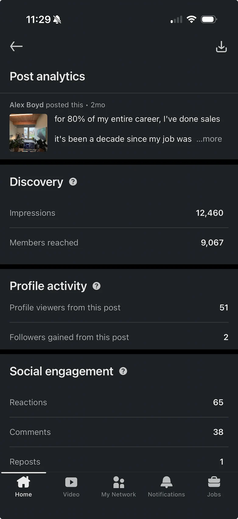 LinkedIn mobile post analytics showing detailed impressions and engagement breakdown