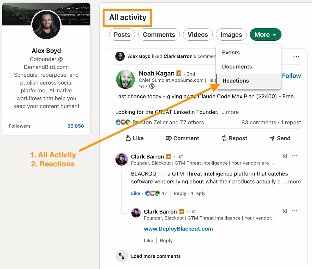 How to find your own post reactions and comments in the LinkedIn Activity section