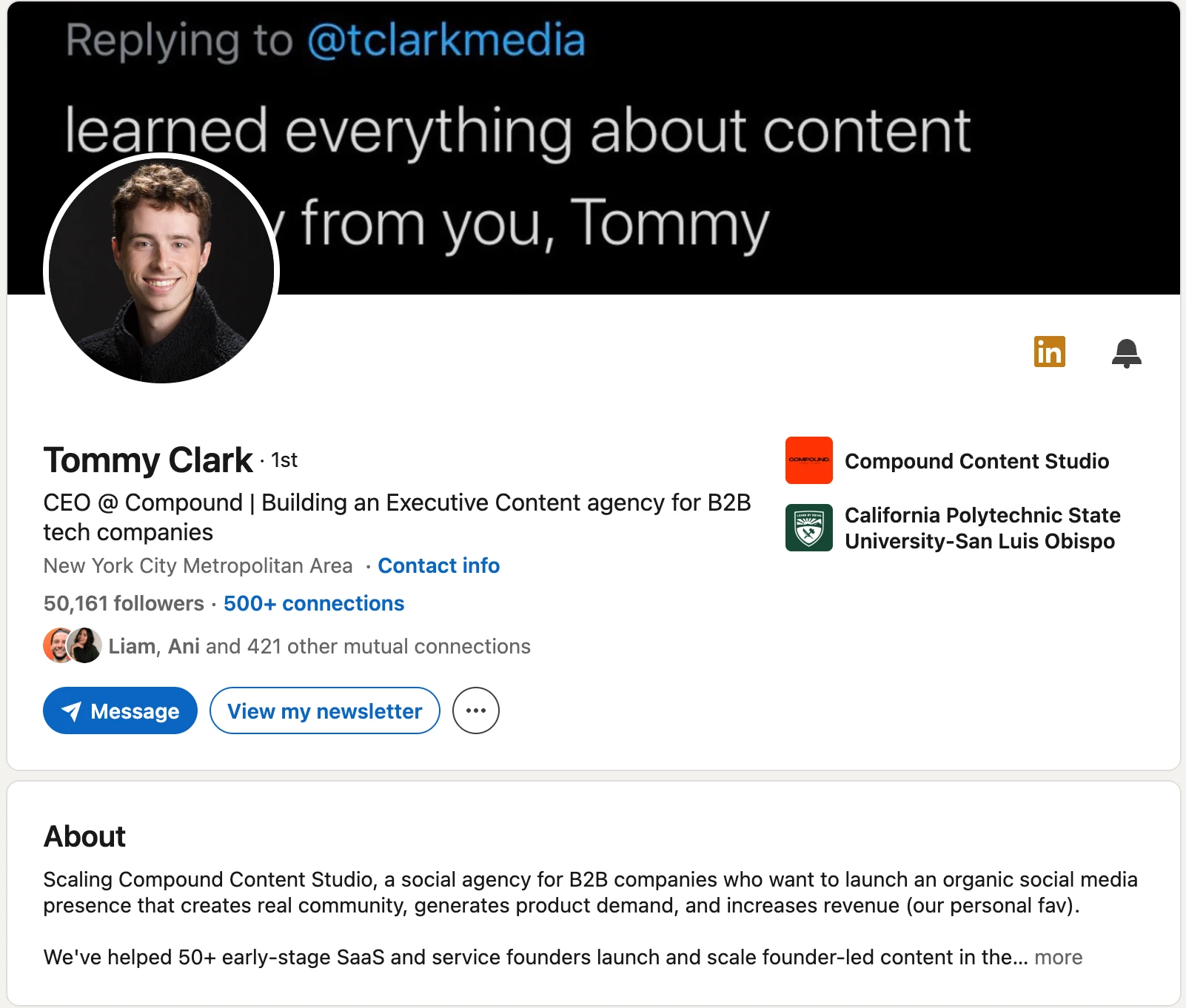 LinkedIn profile screenshot for Tommy Clark